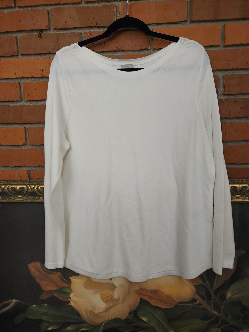 Chico's Cream Long-Sleeve Boatneck Top Size 2 (Large)